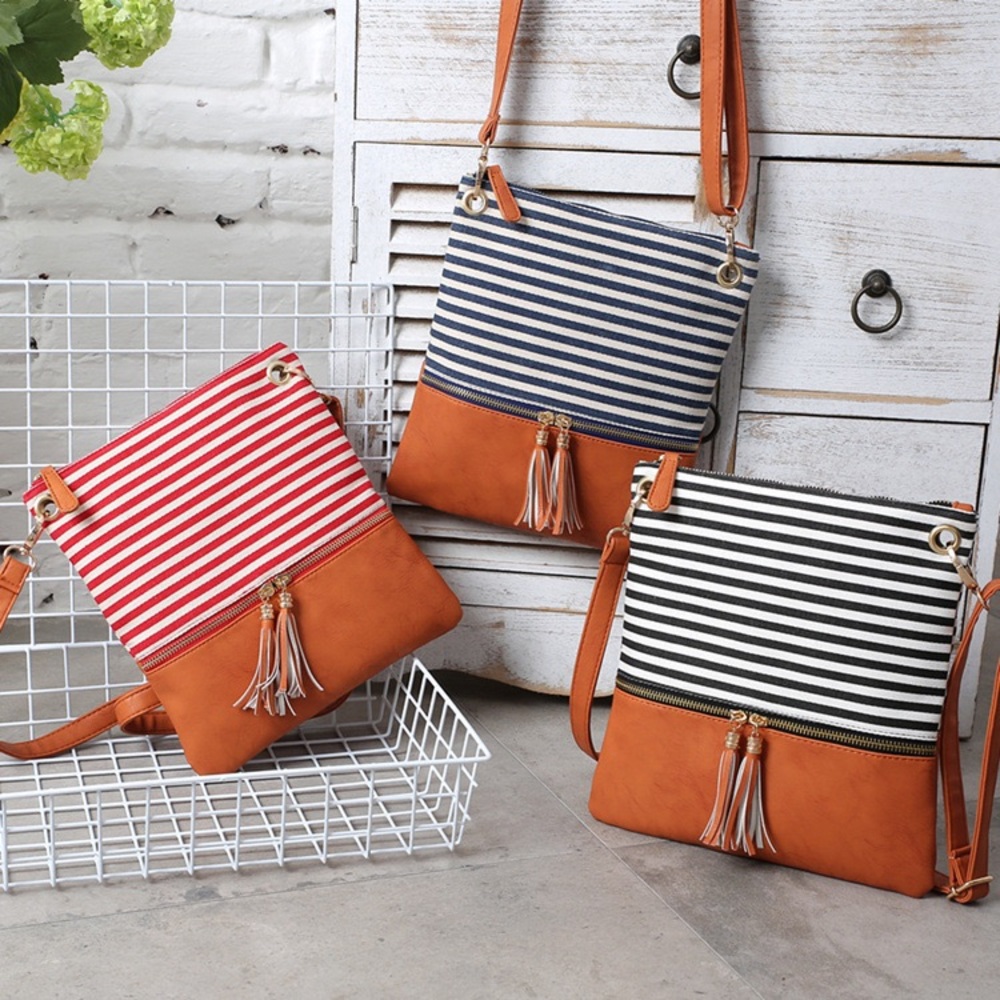 Navy Striped Cognac Faux Leather Crossbody Bag - Picture 5 of 12